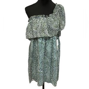Faith One Shoulder Green Patterned Dress. Feminine Flirty Animal print